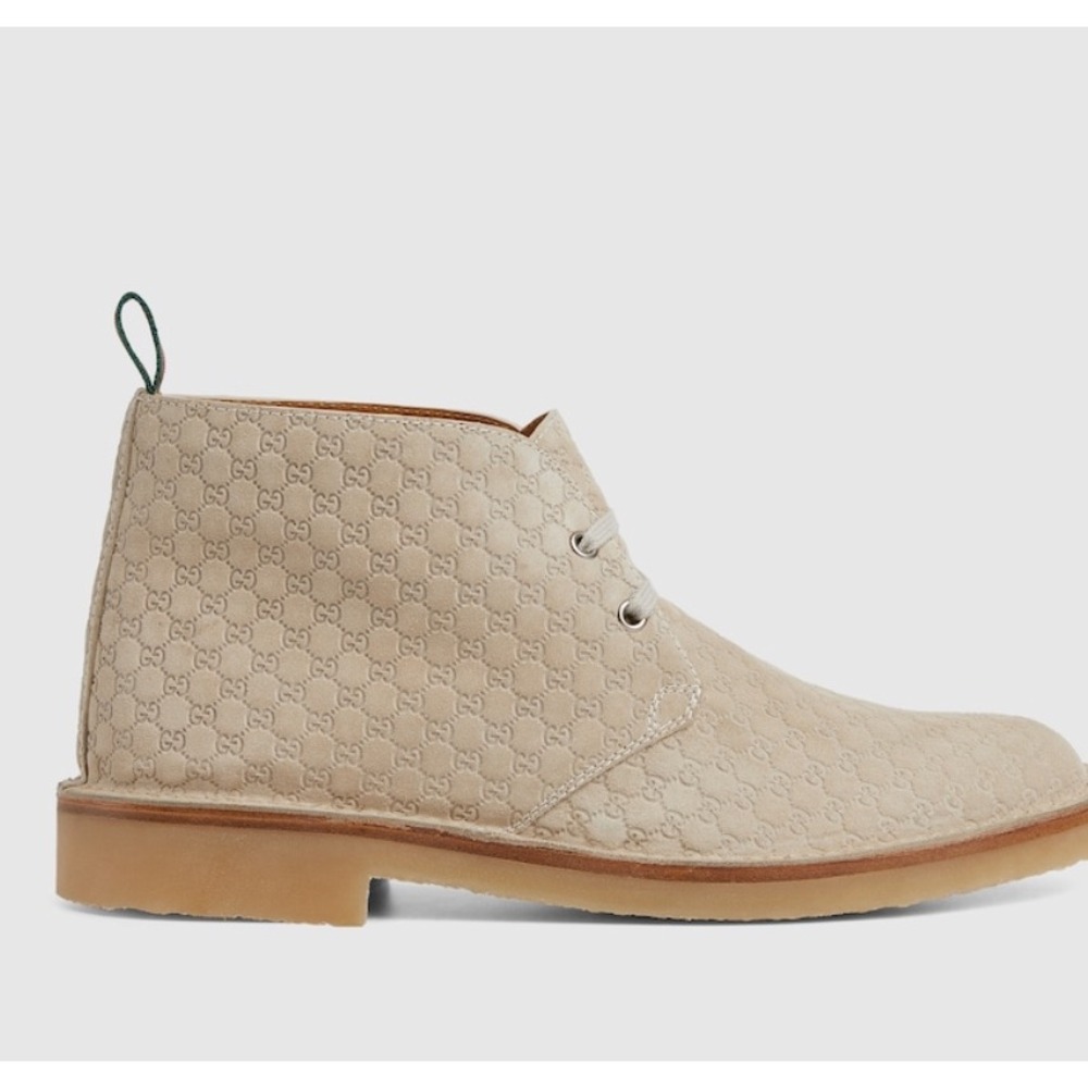 GUCCI GG Suede Desert Boots Embossed Oatmeal Tan Shoe, G 9